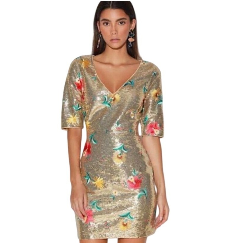 Lulus Gold Sequin Floral Embroidered V-Neck Mini Dress Short Sleeve XL